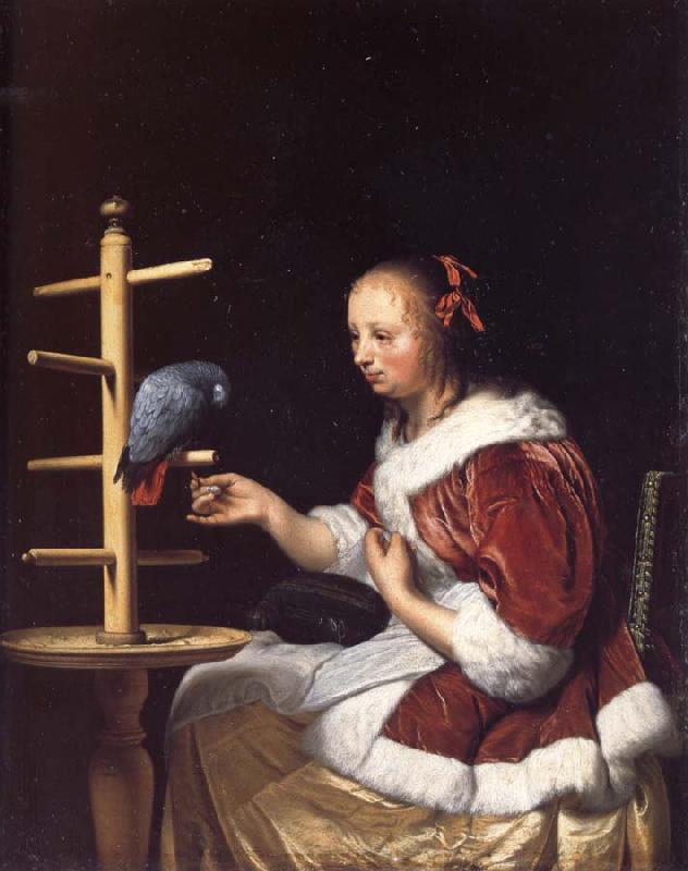 MIERIS, Frans van, the Elder A Woman in a Red Jacket Feeding a Parrot oil painting image